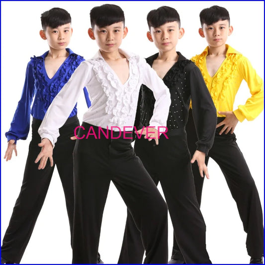 Boys' Long Sleeve Latin Dance Shirts and Pants for Kids. Perfect for Competitions and Shows in Salsa and Ballroom Dancing.