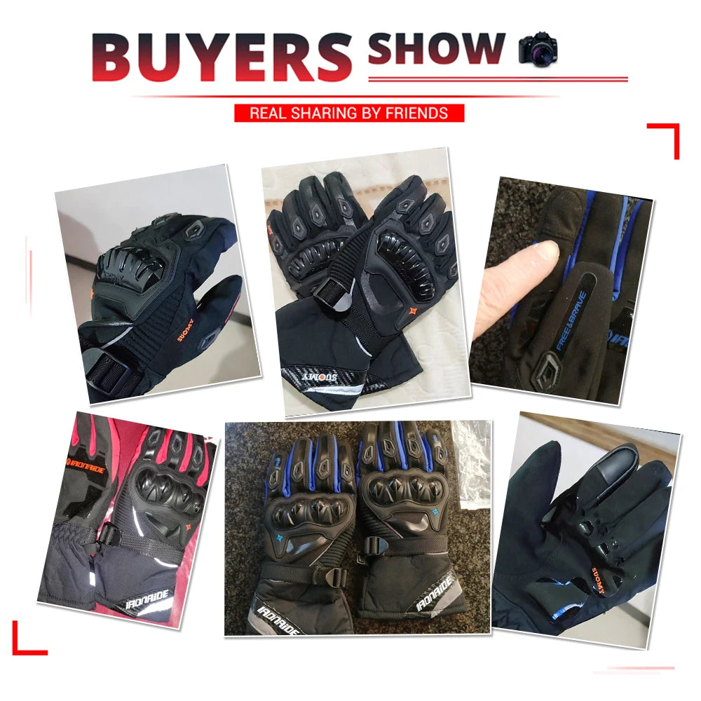 Motorcycle gloves that keep out wind and water. They are for men and can be used for riding motorbikes. They work with touch screens and are good for winter.