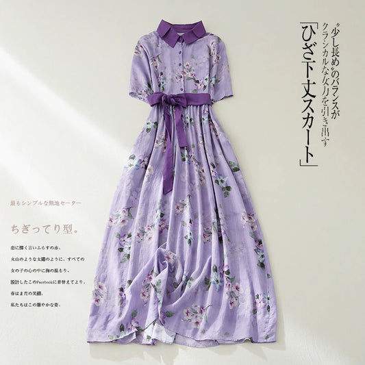 Purple Maxi Dress for women. It features a flower print, vintage style, high waist, and turn-down neck.