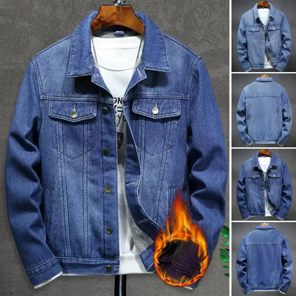 Winter Men's Jean Jacket: Solid Color, Turned-Down Collar, Denim Outerwear. Cozy, Single-Breasted, Cargo Coat for Everyday Streetwear.