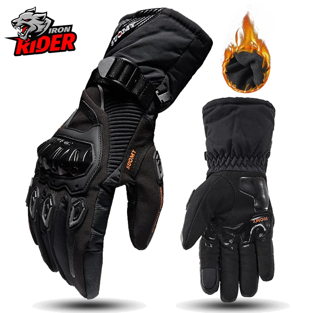 Motorcycle gloves that keep out wind and water. They are for men and can be used for riding motorbikes. They work with touch screens and are good for winter.