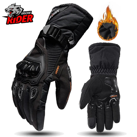 Motorcycle gloves that keep out wind and water. They are for men and can be used for riding motorbikes. They work with touch screens and are good for winter.