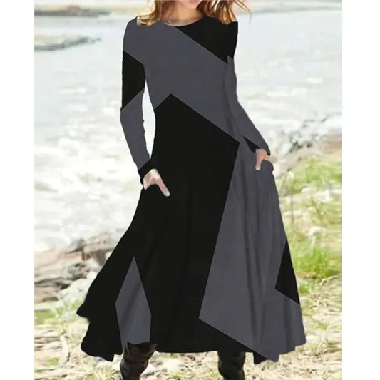 The 2024 Women's Casual Elegant Party Dress in Contrast Color is a loose long-sleeved midi dress designed for ladies in the spring and autumn.