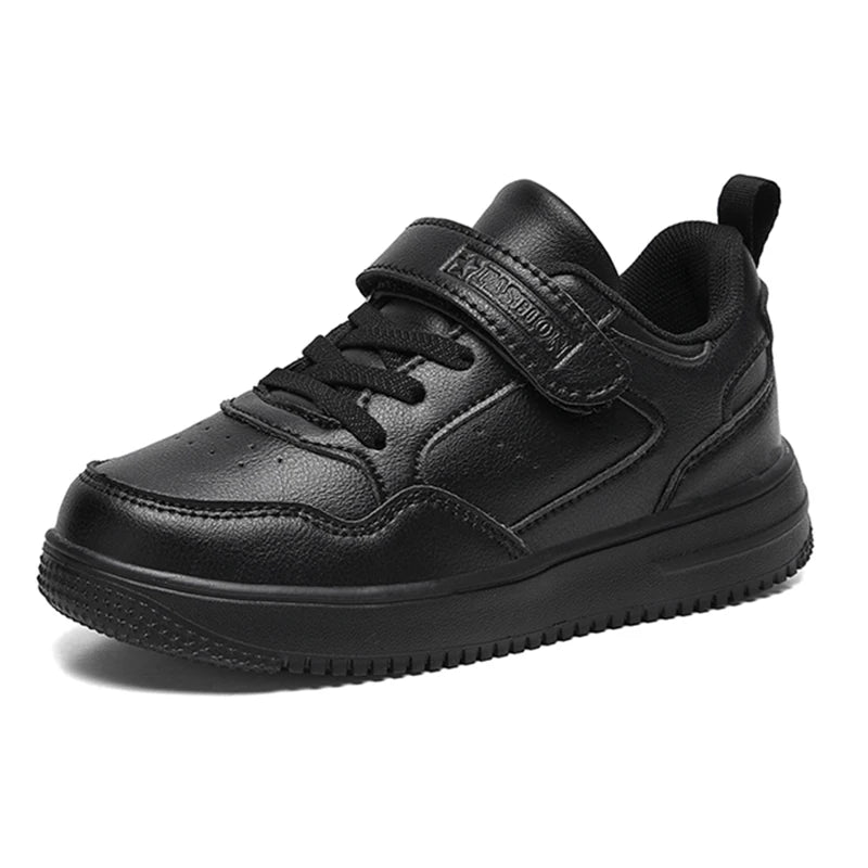 pair of lightweight, non-slip, children's sneaker shoes made of black leather for casual wear.