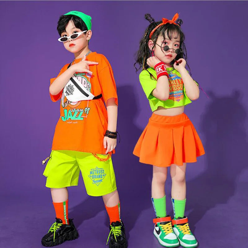 Hip Hop Clothing for Kids: T-shirts, tops, summer skirts, and shorts. Perfect for streetwear, jazz dance, and cheerleading outfits for both girls and boys!