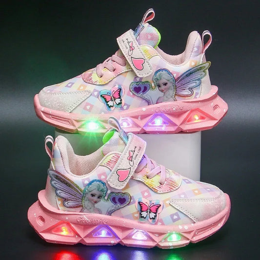 The Pink Elsa Princess Baby Girls Sneaker is a fashionable and stylish children's shoe that features LED lighting for a fun and festive look.