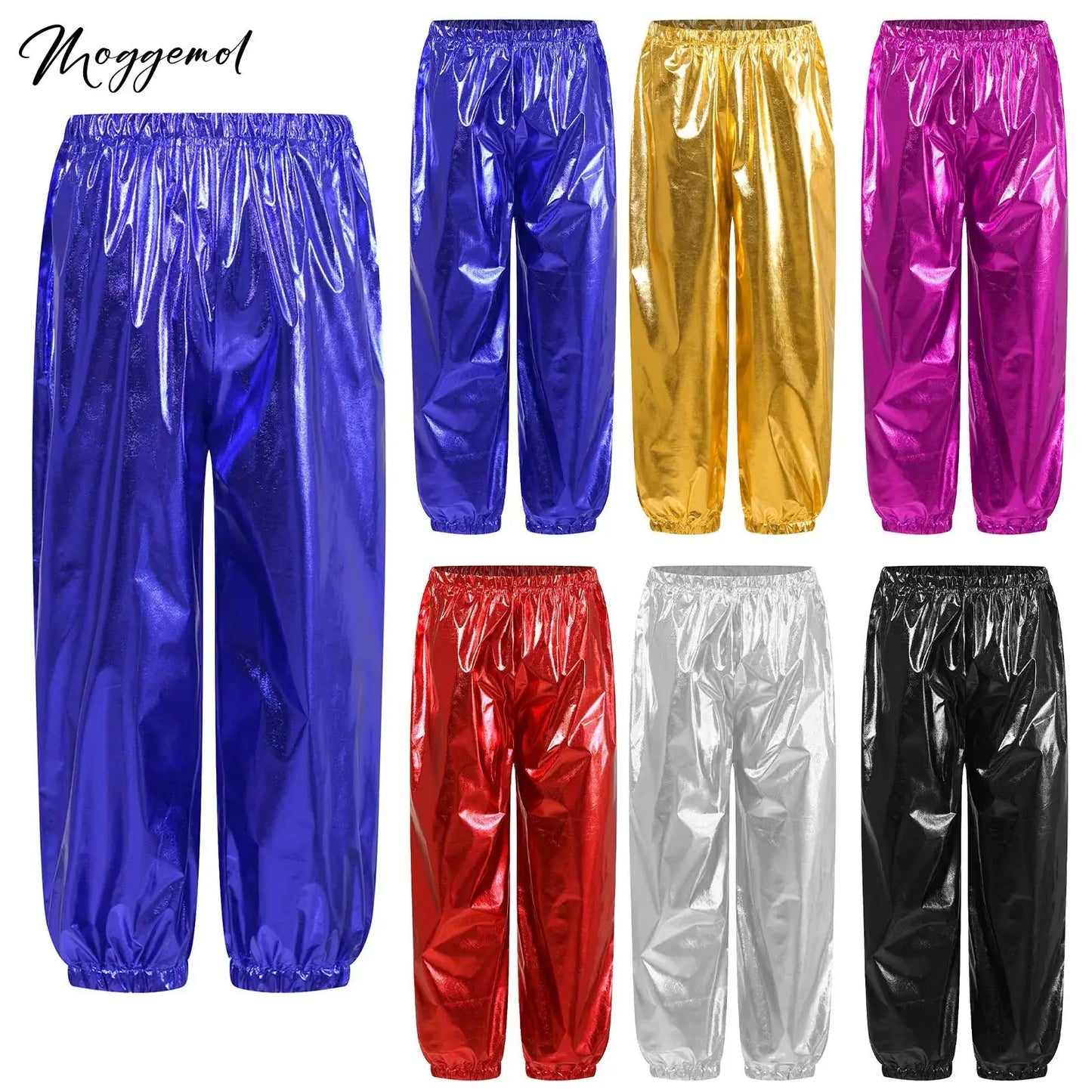 Kids' shiny metallic harem pants with an elastic waistband for jazz dance, hip hop, and stage performances.