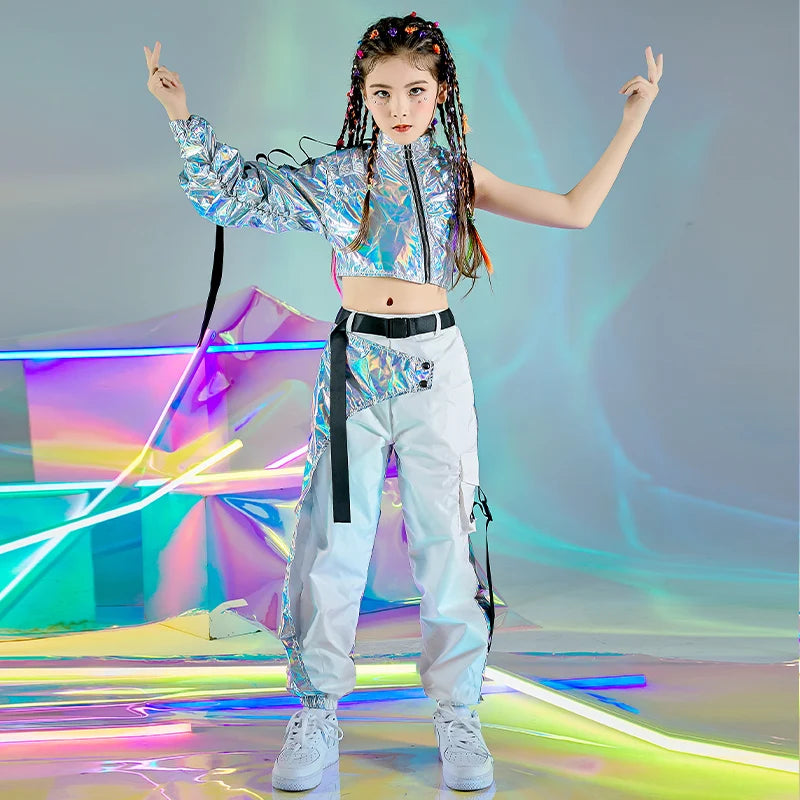 PU Hip-Hop Dance Clothes: Reflective rave outfits for girls. Includes stylish crop tops and cargo pants, perfect for jazz dance, festivals, or catwalk shows.