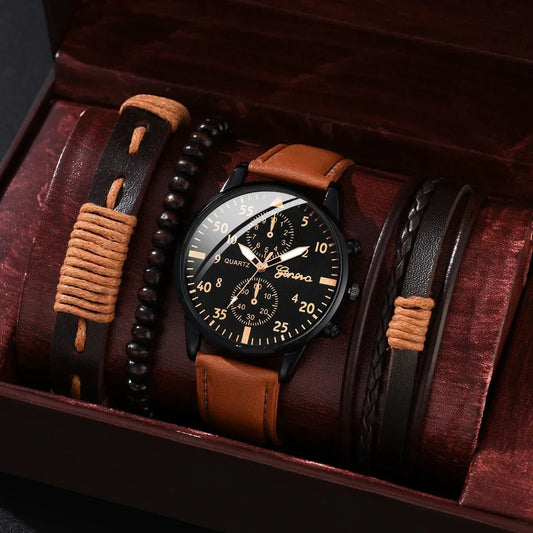 4/2/1 pieces Men's Sports Watch Set: Business Quartz Wristwatch with a Luxury Brown Leather Strap. Casual Clock for Men (no box included).