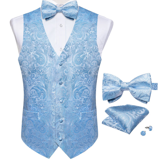 Light Blue Suit Vest for Men with Bow Tie, Pocket Square, and Cufflinks. Available in Black and Red Paisley. Perfect for Weddings and Proms!