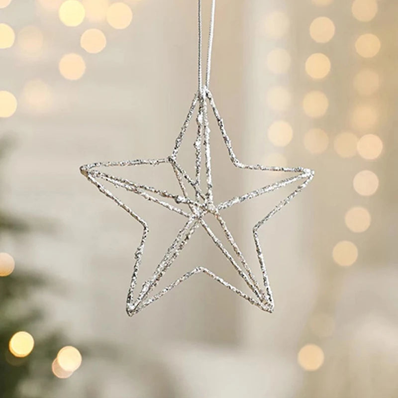 The silver glitter star pendant Christmas decorations, featuring hollow star hanging ornaments, are perfect for Christmas trees and New Year home decor gifts.