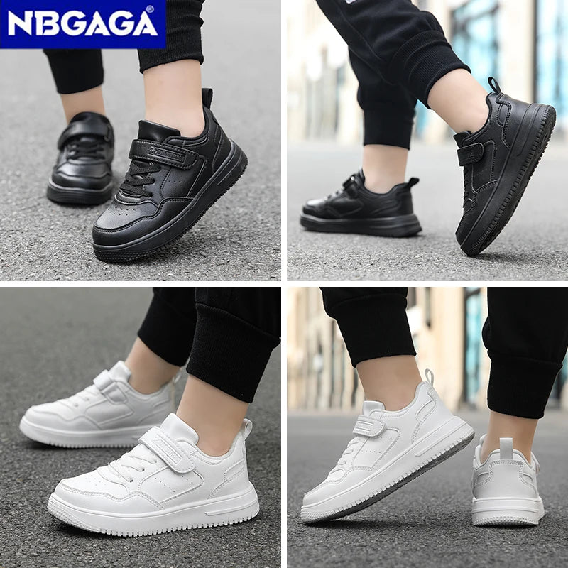 pair of lightweight, non-slip, children's sneaker shoes made of black leather for casual wear.