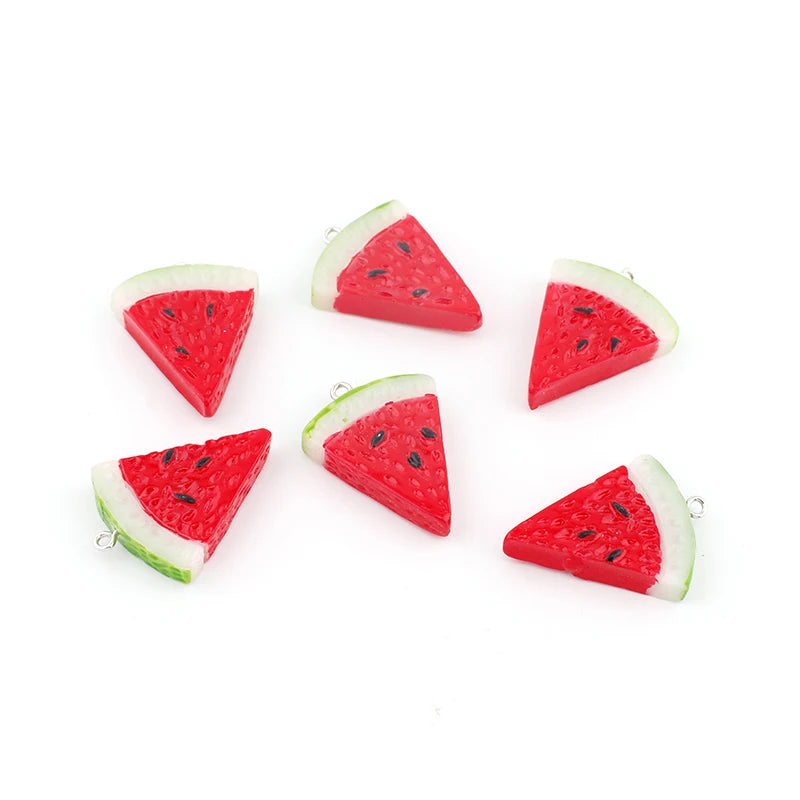 10 pieces of resin fruit watermelon charms for making jewelry like necklaces, bracelets, earrings, and keychains.