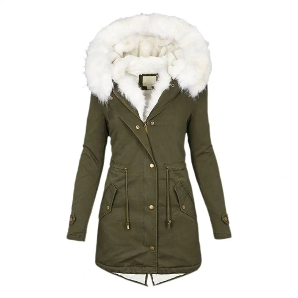 The Lady Coat features a furry hooded plush lined mid-length cold-proof outerwear with pockets and a drawstring waist for a comfortable and stylish daily overcoat.