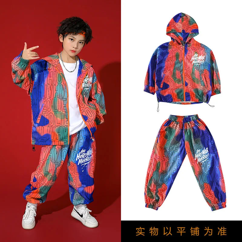 Kid's Kpop Hip Hop Clothing Set: Zip-Up Hoodie with Letter Print and Jogger Pants. Perfect for streetwear and jazz dance costumes for both girls and boys.