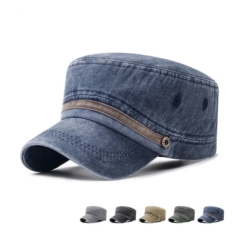 Washed Hat Distressed Cotton Flat Top Hat Cotton Breathable Button Cap