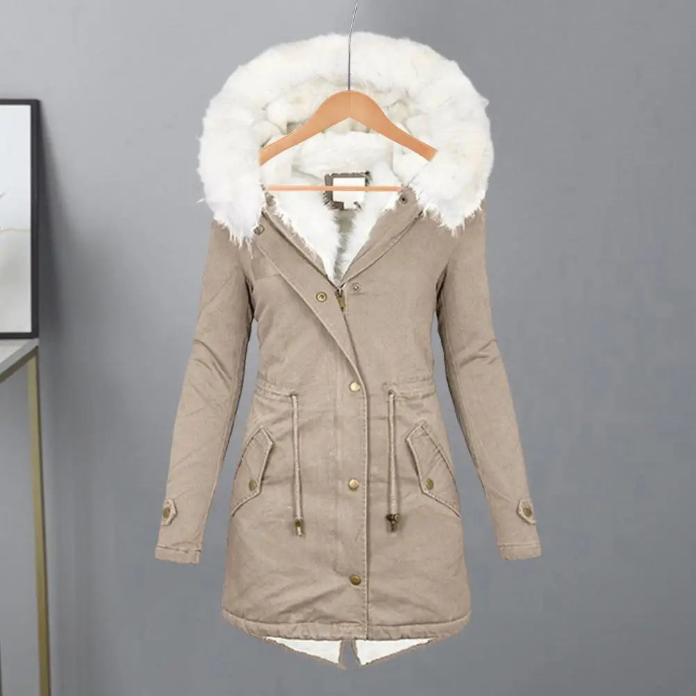 The Lady Coat features a furry hooded plush lined mid-length cold-proof outerwear with pockets and a drawstring waist for a comfortable and stylish daily overcoat.