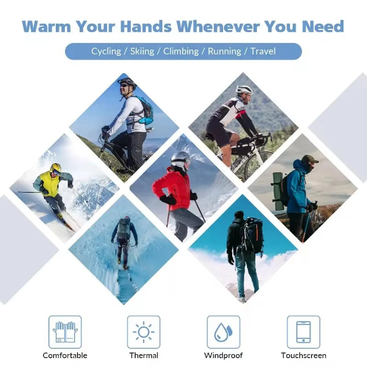 Winter gloves that keep you warm, are waterproof, can be used with touch screens, block the wind, and are good for cold weather activities like running, hiking, and skiing.