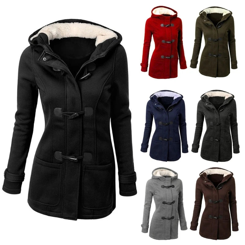 The item includes women's winter hooded cardigans, hooded horn button jackets, fleece coats, and outerwear