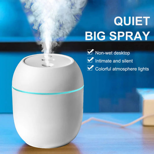 USB Mini Air Humidifier and Essential Oil Diffuser for Home and Car. It quietly produces a fine mist and features an LED color light.