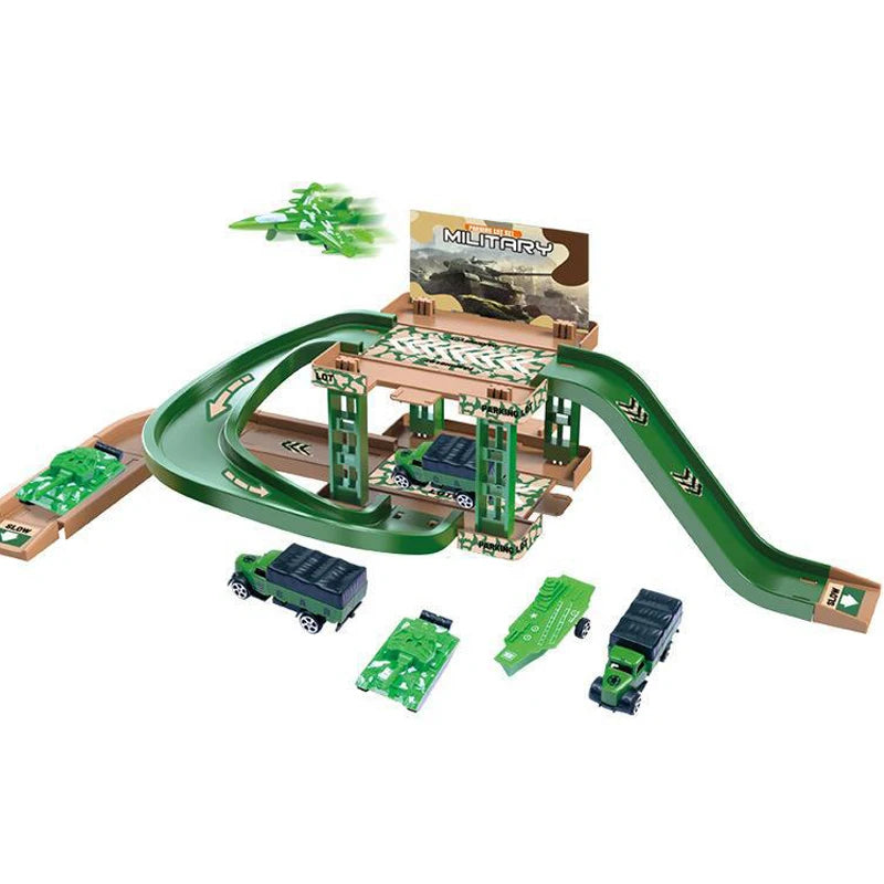 Children's track parking lot toys, multi-storey car parking building fire police engineering dinosaur car toys.