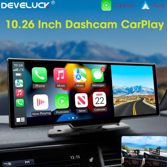 10.26" Car DVR with Carplay and Android Auto. It has 4K front, 1080P rear camera, voice control, GPS, and Bluetooth.