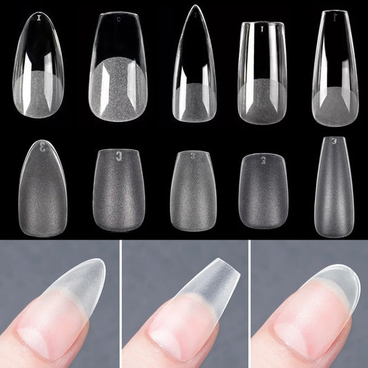 120-piece bag of soft, matte press-on nail tips. Full cover, oval, almond-shaped sculpted fake nails. Perfect for easy use!