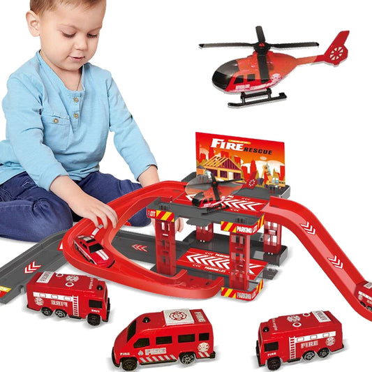 Children's track parking lot toys, multi-storey car parking building fire police engineering dinosaur car toys.