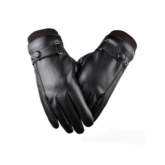 Winter Black Leather Gloves for Men. Thin style for driving, with a non-slip grip and touchscreen fingers.