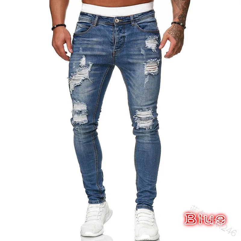 Men's slim-fit jeans with a ripped, vintage denim look. These stylish, ankle-length pants have distressed holes and a punk-inspired design.