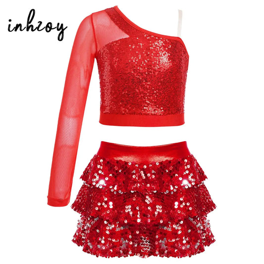 Girls' Sparkly Jazz Dance Costume: Sequined crop top with sheer mesh shoulders and a matching skirt for cheerleading and performances. Perfect for dance!