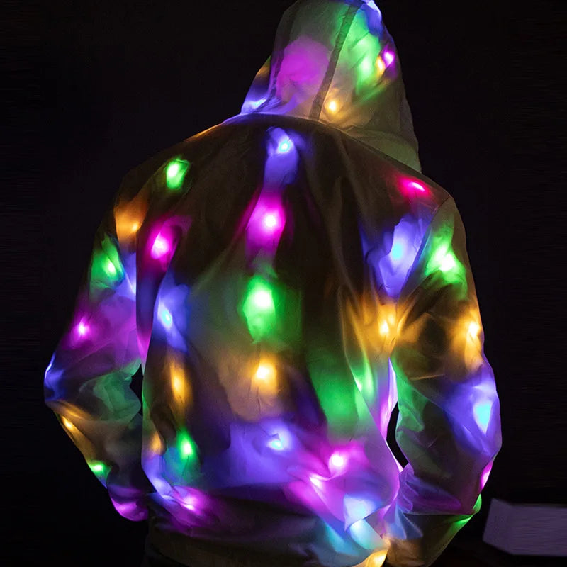 LED Light Up Rave Jacket for Adults and Kids. Perfect for dance performances and fancy dress. Features flashing LED lights and is waterproof, making it great for night runs and fun events!