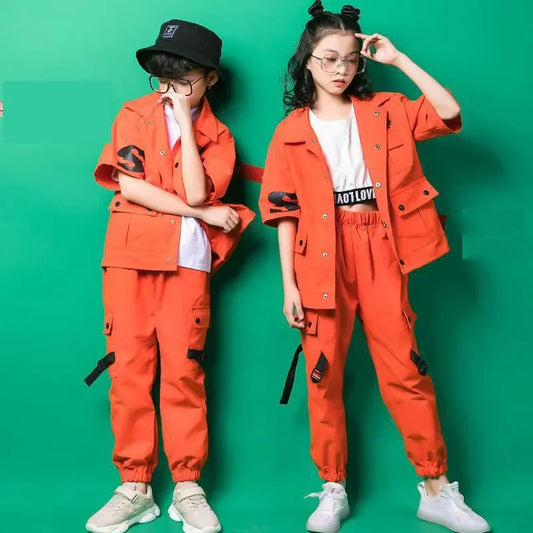 Orange jacket and loose pants for kids. Great for hip-hop, street, and ballroom dancing. Perfect dance costumes!