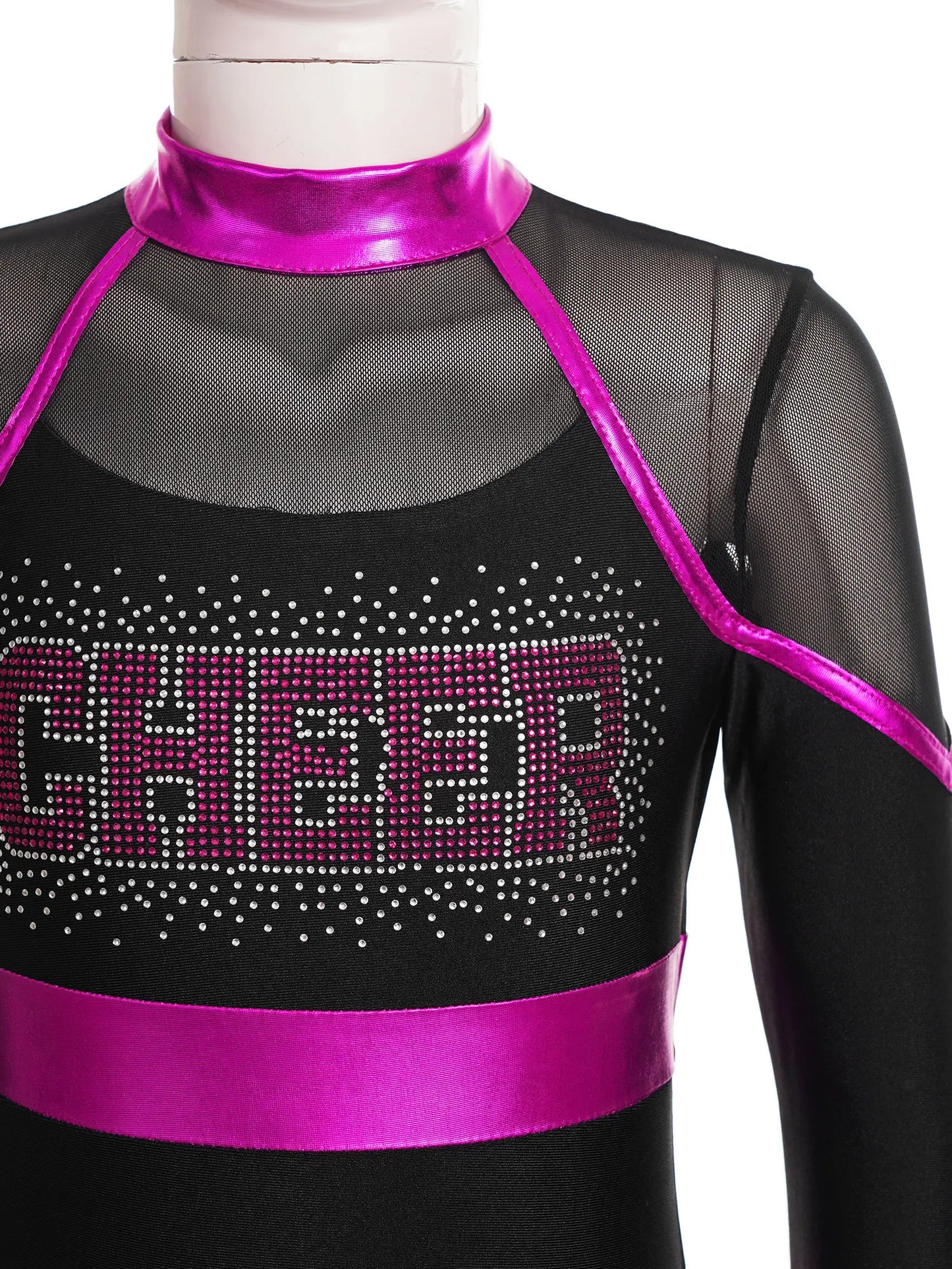 Girls' Cheerleading Dance Outfit: Long Sleeve Shiny Dress with Rhinestones and Sheer Mesh for School Performances.