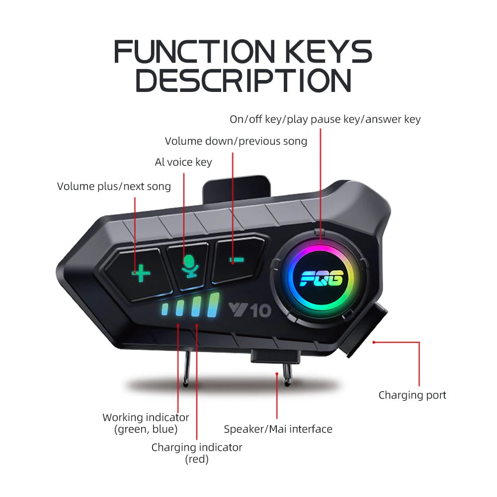 Y10 Motorcycle Helmet Headset: Bluetooth 5.3 for voice control. This wireless headset allows for hands-free talking and is waterproof.