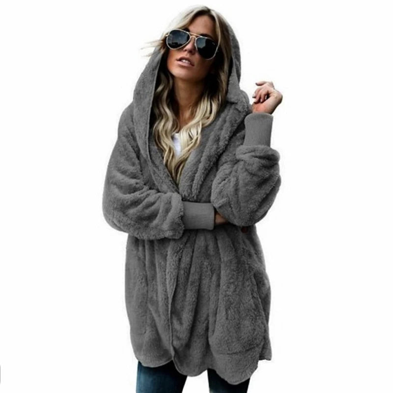 Winter Double Fleece Cardigan Jacket Women Solid Color Long Sleeve Plush Warm Hooded