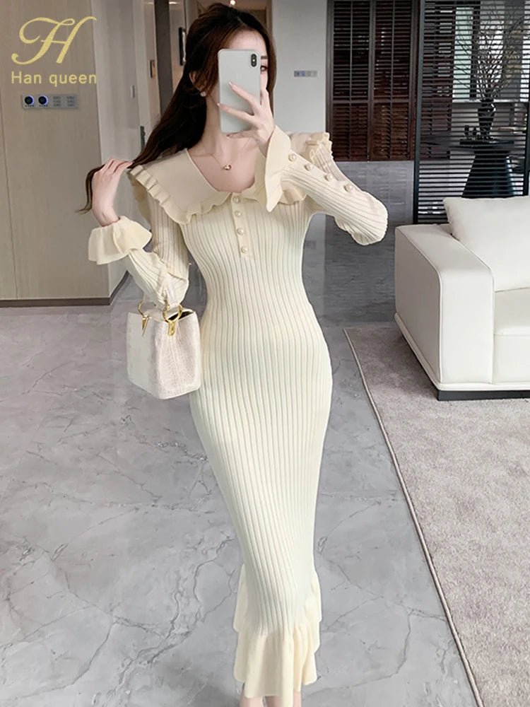 Queen High Waist Ruffled Maxi Dresses for women: stylish, comfortable, knitted long dresses perfect for autumn and winter wear.