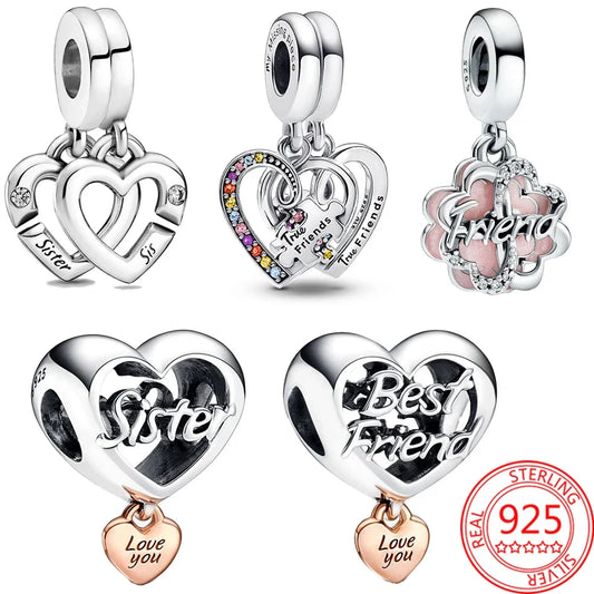 925 Sterling Silver Jewelry: Splittable Hearts and Four-Leaf Clover Friendship Double Dangle Charm for Pandora Bracelets.