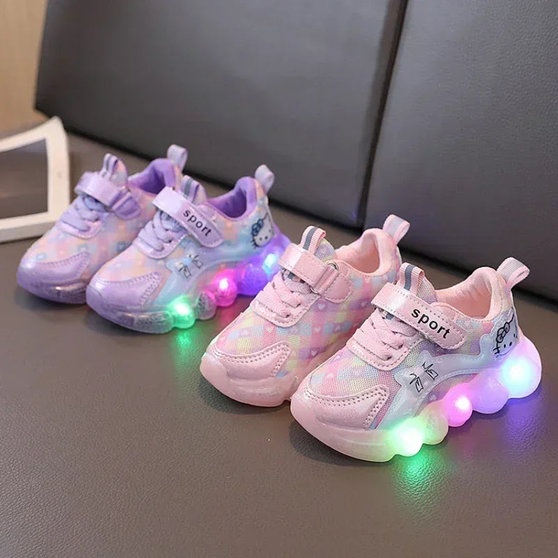 cute Hello Kitty casual shoe suitable for baby girls, children, toddlers, walking, and kids, featuring LED light sneakers and anti-slip features.