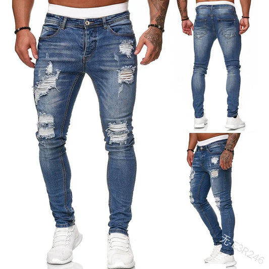 Men's slim-fit jeans with a ripped, vintage denim look. These stylish, ankle-length pants have distressed holes and a punk-inspired design.