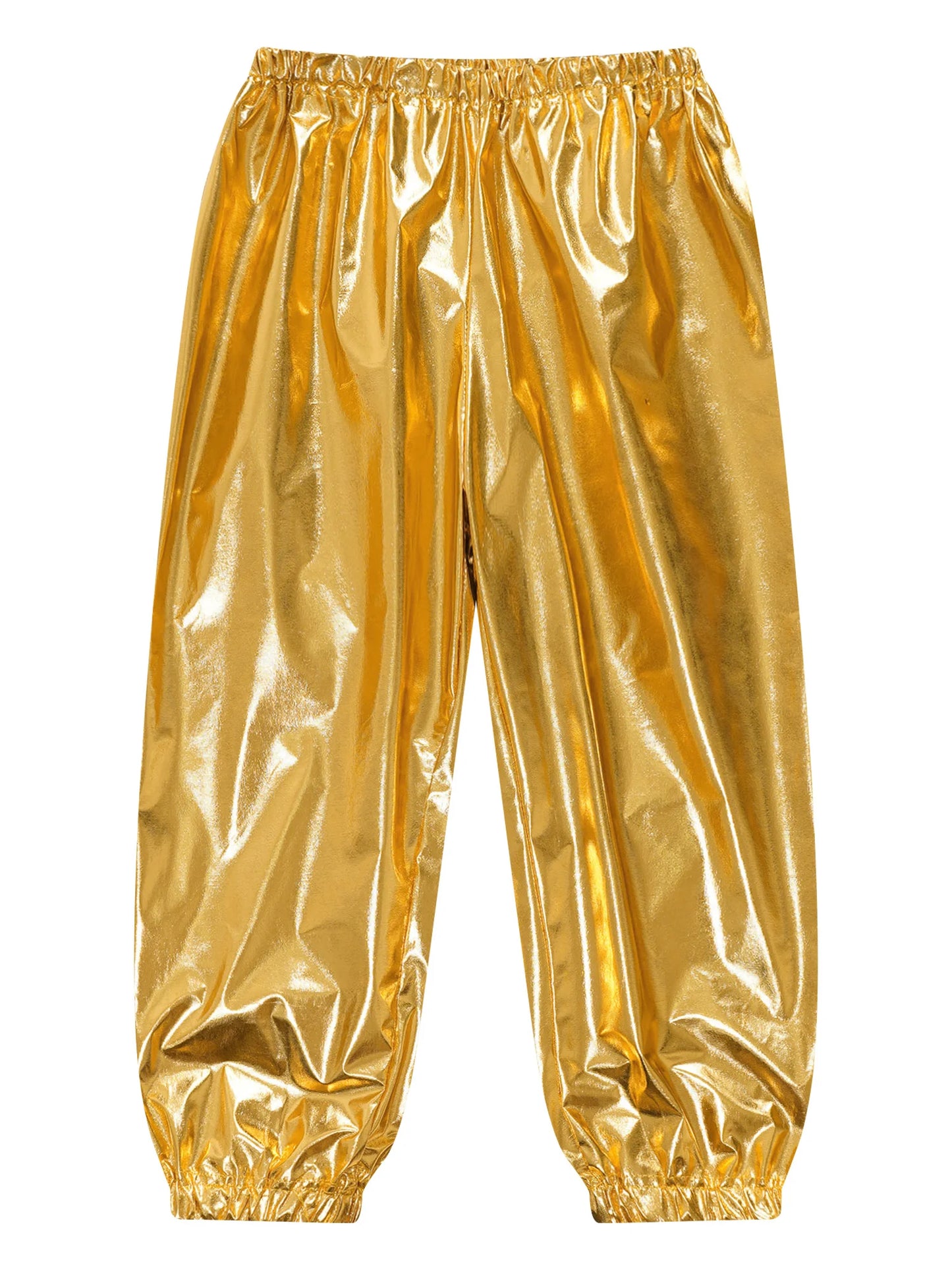 Kids' shiny metallic harem pants with an elastic waistband for jazz dance, hip hop, and stage performances.