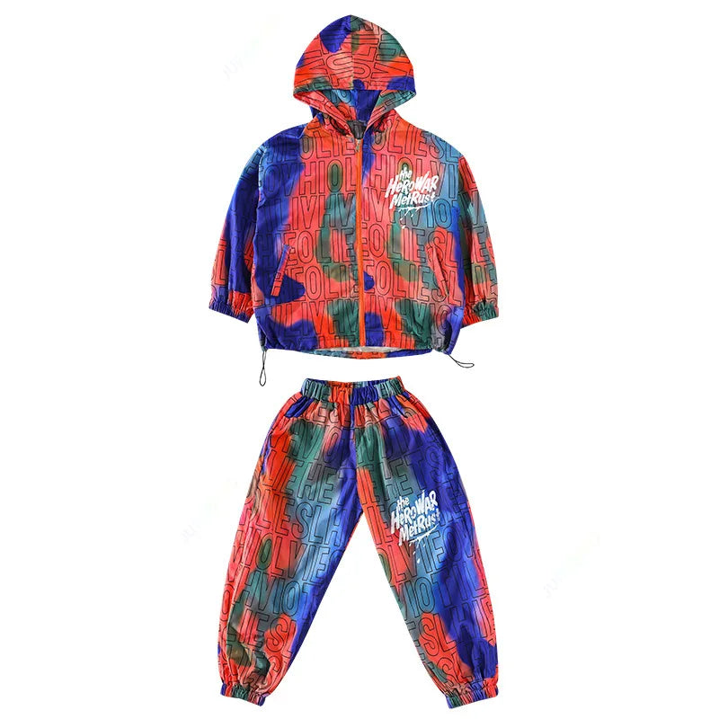 Kid's Kpop Hip Hop Clothing Set: Zip-Up Hoodie with Letter Print and Jogger Pants. Perfect for streetwear and jazz dance costumes for both girls and boys.