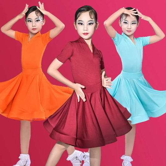 Girls' Latin Dance Training Costume – New Performance Outfit for Children – Competition-Ready Dance Dress.