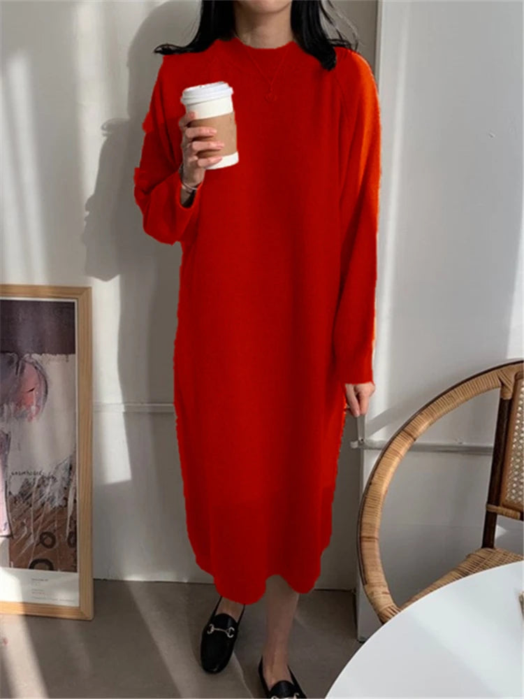 Autumn Winter  New O-Neck Casual Loose Knitted Dress Female Straight Long Sleeve