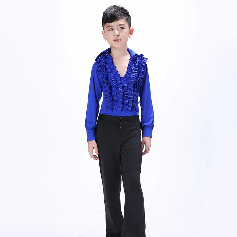 Boys' Latin dance outfits, kids' dance costumes, tassel training outfits for boys and girls, and ballet performance costumes.