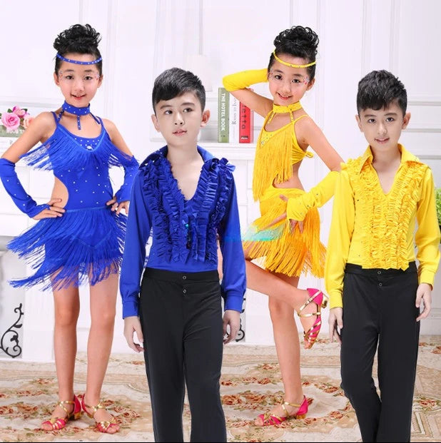 Boys' Latin dance outfits, kids' dance costumes, tassel training outfits for boys and girls, and ballet performance costumes.