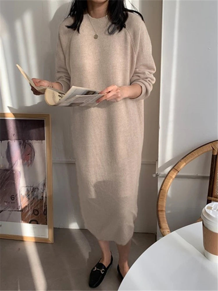 Autumn Winter  New O-Neck Casual Loose Knitted Dress Female Straight Long Sleeve