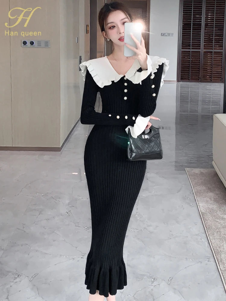 Queen High Waist Ruffled Maxi Dresses for women: stylish, comfortable, knitted long dresses perfect for autumn and winter wear.