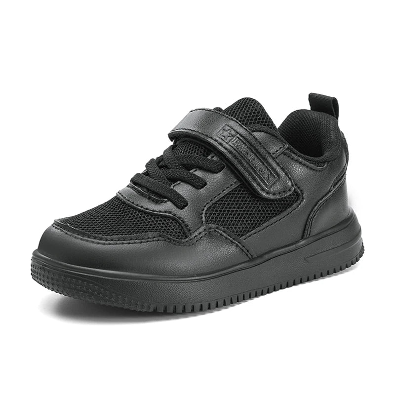 pair of lightweight, non-slip, children's sneaker shoes made of black leather for casual wear.