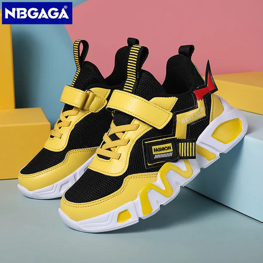 cartoon kids shoes for boys are made of mesh sneakers, perfect for children's casual sports and running, featuring a yellow school student design.